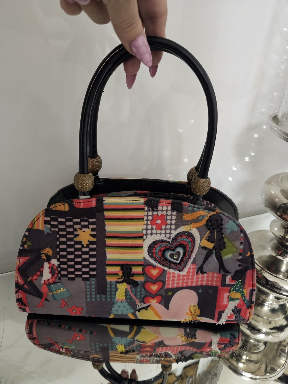 Nicci Vintage  Multicolor Patchwork Dome Satchel with Black Handles